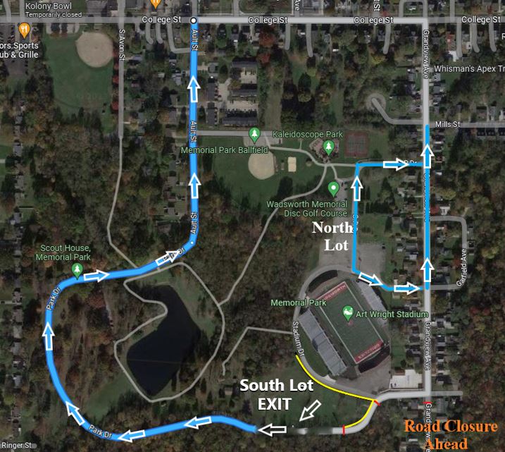 To fans attending Varsity Football games at Art Wright Stadium this fall - Due to a road closure south of the stadium, there will be a different traffic flow when exiting the south parking lot. Cars parked in the south lot will exit through Memorial Park Drive to College Street.