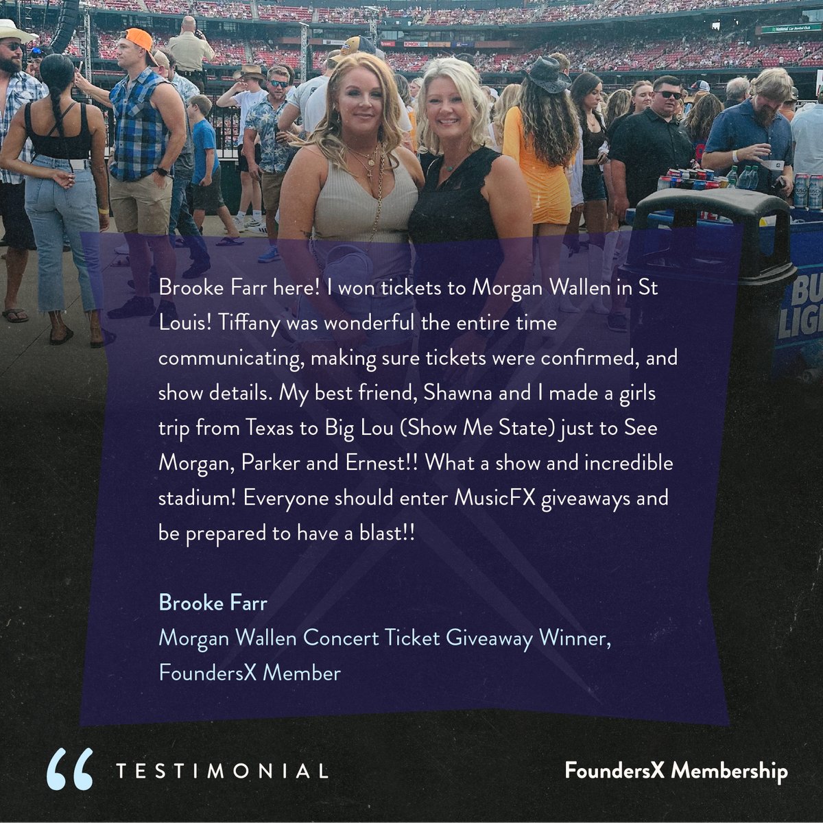 MusicFXDigital's tweet photo. FoundersX Unlimited Member, Brooke, had an amazing girls' trip to see Morgan Wallen in St. Louis with her best friend after winning our March Ticket Giveaway!  

Have you entered our recent Morgan Wallen ticket giveaway? Registration closes on August 31st! https://t.co/rbFL6BY2DR