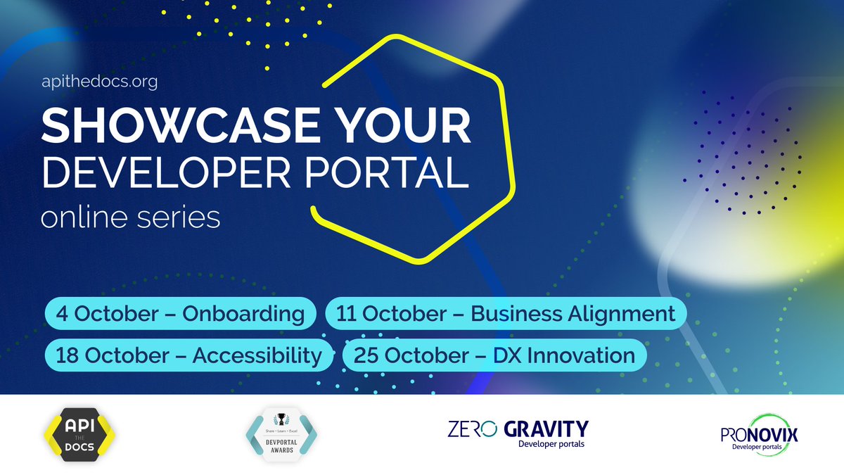 APItheDocs's tweet image. 4 dates - 4 main topics! Join us every Wednesday in October, to learn about #DX innovations, #onboarding, #accessibility, #BusinessAlignment and #metrics.
Save your spot: eventbrite.com/e/showcase-you…