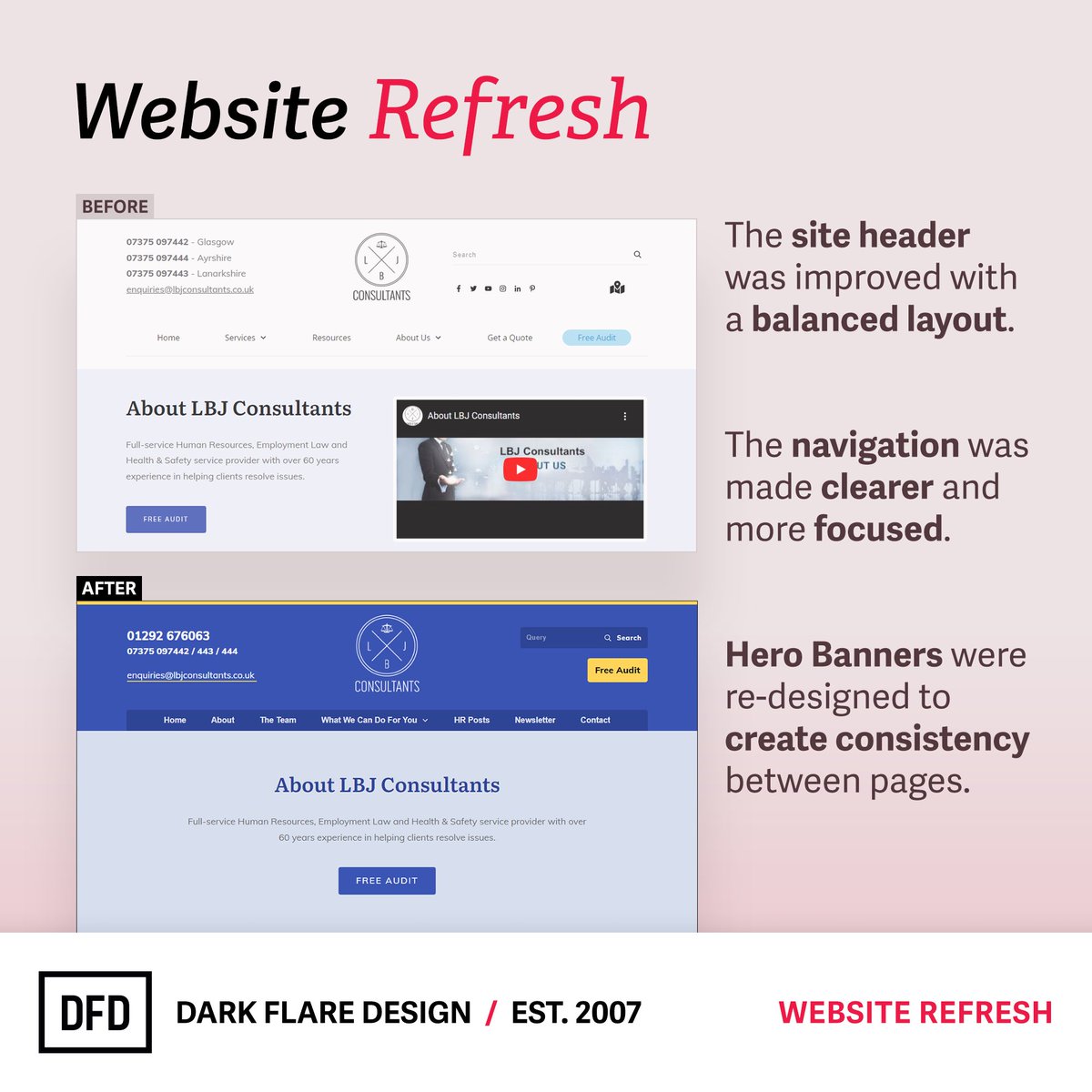 darkflaredesign's tweet photo. Website Refresh — could your website benefit from a refresh? 

You don’t always have to build a new website to improve your online presence!

Here’s an example of a refresh completed for LBJ Consultants. https://t.co/Tvu3BFiSEs