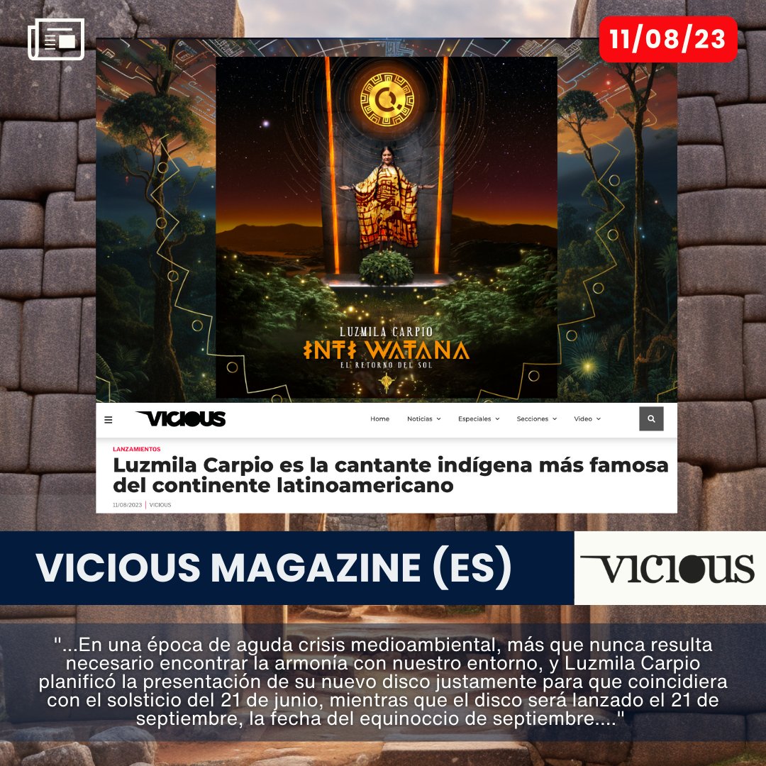 Agradecimientos llenos de cantos a VICIOUS Magazine, la revista líder en música electrónica para países de habla hispana, por dar cobertura al lanzamiento el mes proximo de mi nuevo Album 🌞 'INTI WATANA, el retorno del Sol'! bit.ly/ChakanaLuz