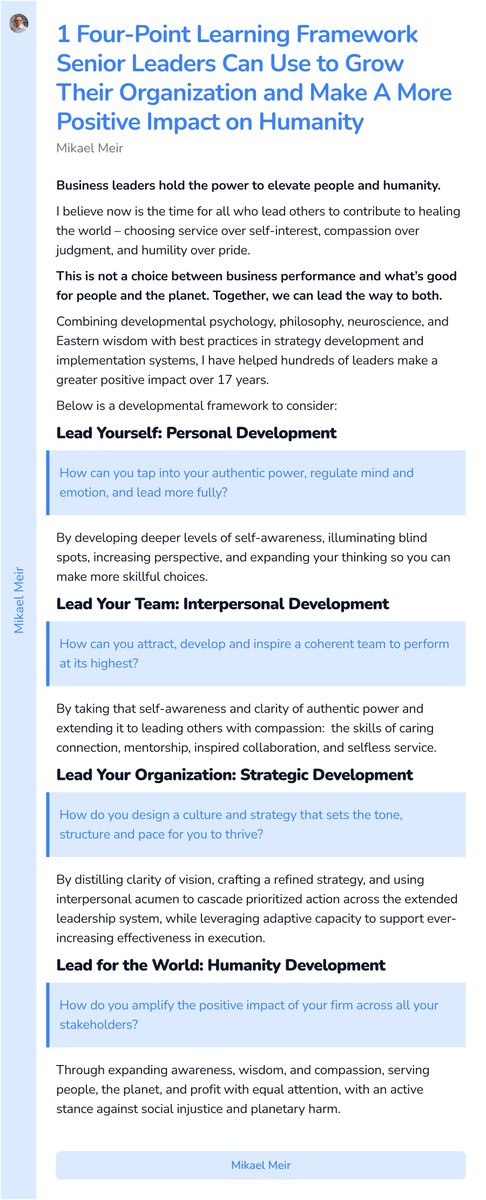 MikaelMeir's tweet photo. 1 Four-Point Learning Framework Senior Leaders Can Use to Grow Their Organization and Make A More Positive Impact on Humanity
Essay 28/30
#Ship30in30 https://t.co/U2JGiOjRKy