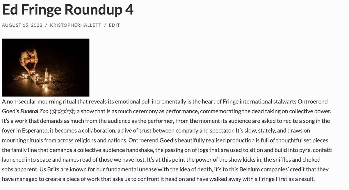 Kris Hallett (@krishallett) on Twitter photo My final <a href="/edfringe/">Edinburgh Festival Fringe</a> roundup featuring funeral rites, Jean Genet's The Maids reinterpreted into physical theatre and two alchemists of the fringe in Luke Wright and Lucy McCormick.
#FillYerBoots My final <a href="/edfringe/">Edinburgh Festival Fringe</a> roundup featuring funeral rites, Jean Genet's The Maids reinterpreted into physical theatre and two alchemists of the fringe in Luke Wright and Lucy McCormick.
#FillYerBoots