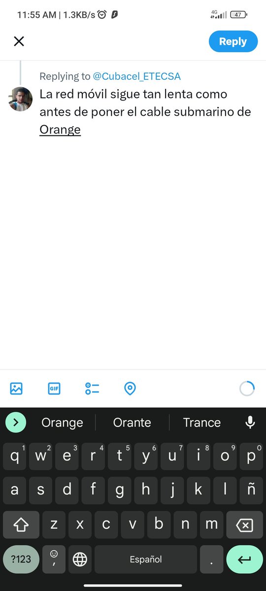 Alex66560846's tweet photo. @Cubacel_ETECSA La red móvil sigue tan lenta como antes de poner el cable submarino de Orange https://t.co/P3Y3RQhiqT
