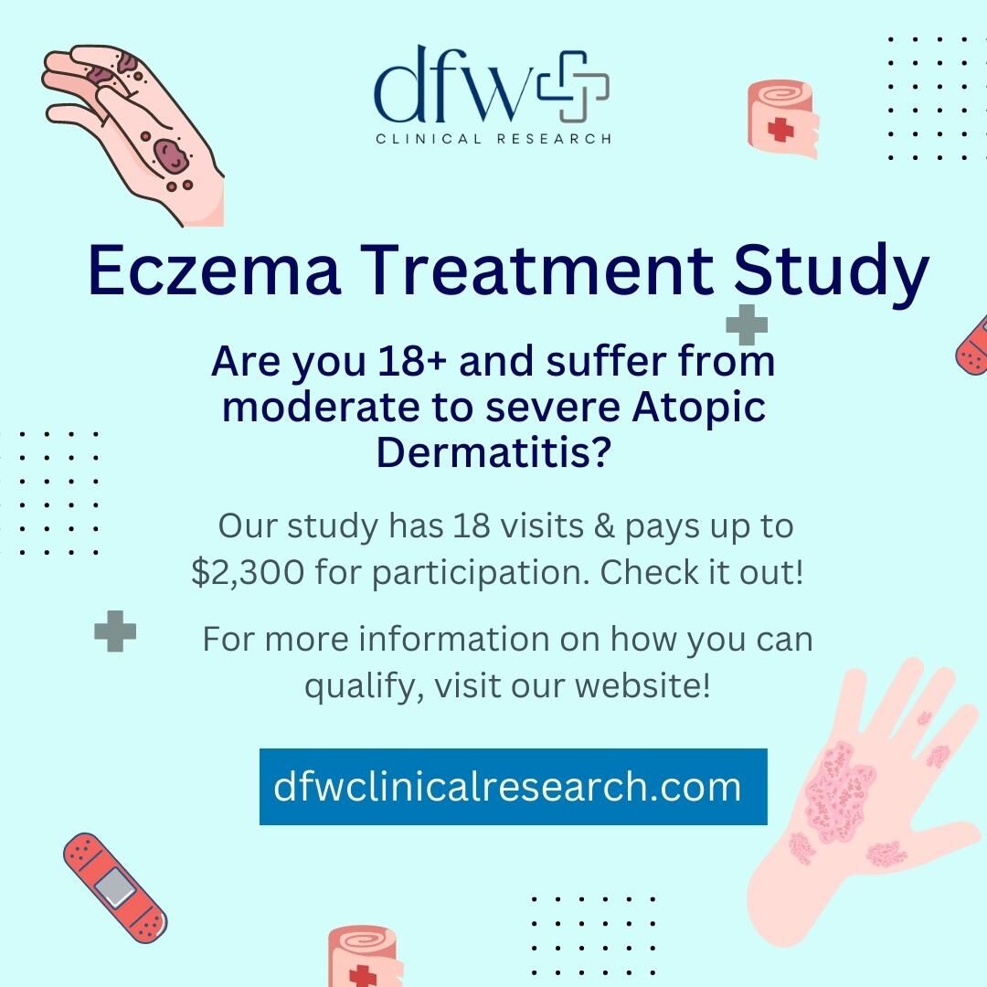 Do you have Atopic Dermatitis (Eczema) in at least 2 areas? You might be eligible to participate in our clinical study. 📋

Visit dfwclinicalresearch.com/ongoing-studie… for more information and take a step towards improved treatments. 💰

#AtopicDermatitisStudy #EczemaResearch #SkinCondition