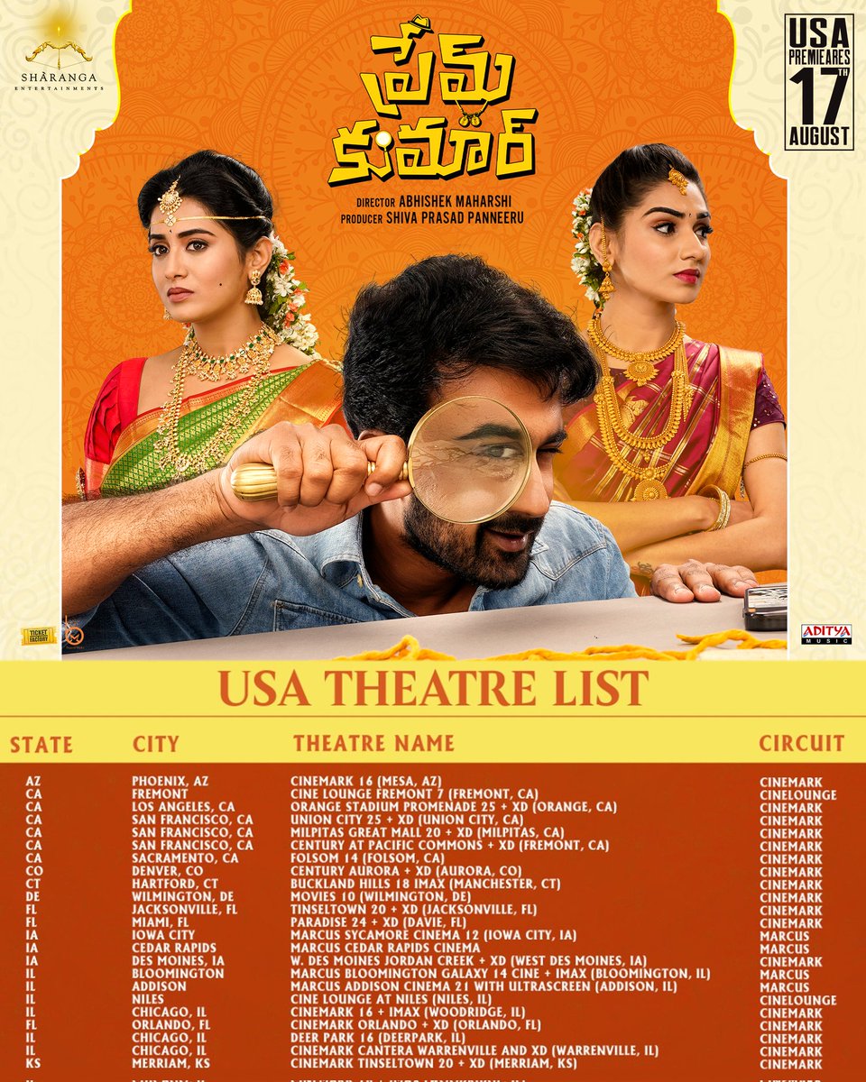 SharangaOffl's tweet photo. @PremKumarPelli gaadi pelligola USA varaku vinapadela plan chesam! Idhigo theatre list!!
#PremKumar
#WhereIsPK
#PremKumarOnAUG18
@santoshsoban @abhimaharshi1 @shiva6111 @RashiReal_ @KrishnaTeja_D @cerebrahma @adityamusic #IndependenceDay2023 https://t.co/AbrsvnbWS2