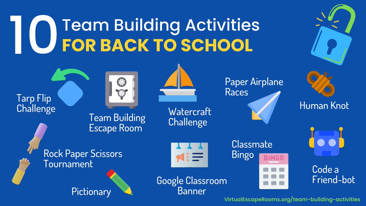 KarlyMoura's tweet photo. L👀king for team building activities to help your students get to know each other and work together? 

🔐 Virtual Escape Rooms
🪨📃✂️Rock Paper Scissor Tournament
🪢 Human Knot
✏️Pictionary
➕ More!

Visit https://t.co/gG438mYNl7 for all of the links and resources! https://t.co/qlbyiTjiPm