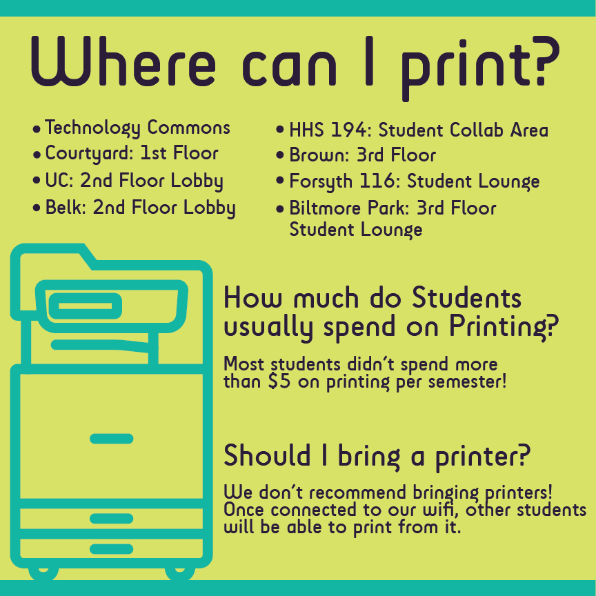 WCUTechCommons's tweet photo. Printing questions? Here's your answers! We don’t recommend personal printers! Here's why! If you connect a printer to our wifi, not only does it slow our wifi, it makes it so that everyone on the wifi can see your printer. Meaning anyone can print from your printer! https://t.co/pLB4fwpD3T