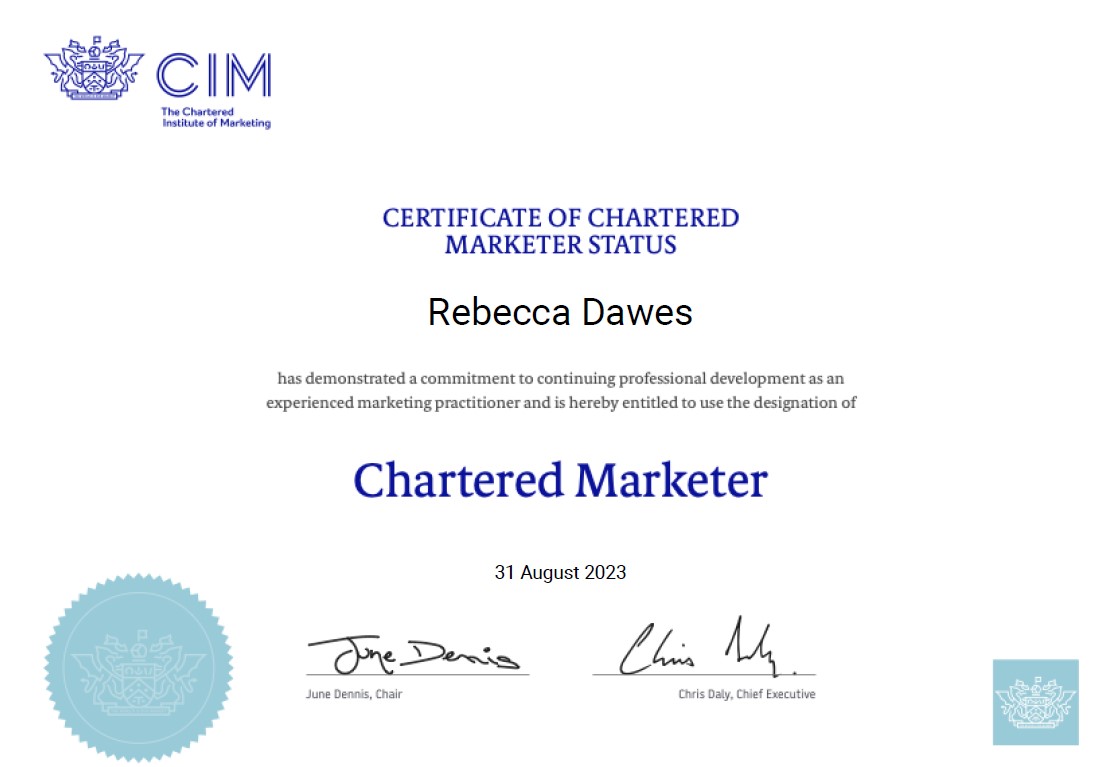 Rebecca Dawes (@rebeccajdawes) on Twitter photo After 2 years of lectures & assessments with <a href="/OXCOM_Marketing/">Oxford College of Marketing</a> & a Diploma in Professional Marketing, today was the final step of my ultimate goal - passing the <a href="/cim_marketing/">CIM</a> Chartered Marketer assessment.🎉
Big thanks to <a href="/janecraigie/">janecraigie</a> & the <a href="/JCMandCo/">Jane Craigie Marketing</a> team for all their support. After 2 years of lectures & assessments with <a href="/OXCOM_Marketing/">Oxford College of Marketing</a> & a Diploma in Professional Marketing, today was the final step of my ultimate goal - passing the <a href="/cim_marketing/">CIM</a> Chartered Marketer assessment.🎉
Big thanks to <a href="/janecraigie/">janecraigie</a> & the <a href="/JCMandCo/">Jane Craigie Marketing</a> team for all their support.