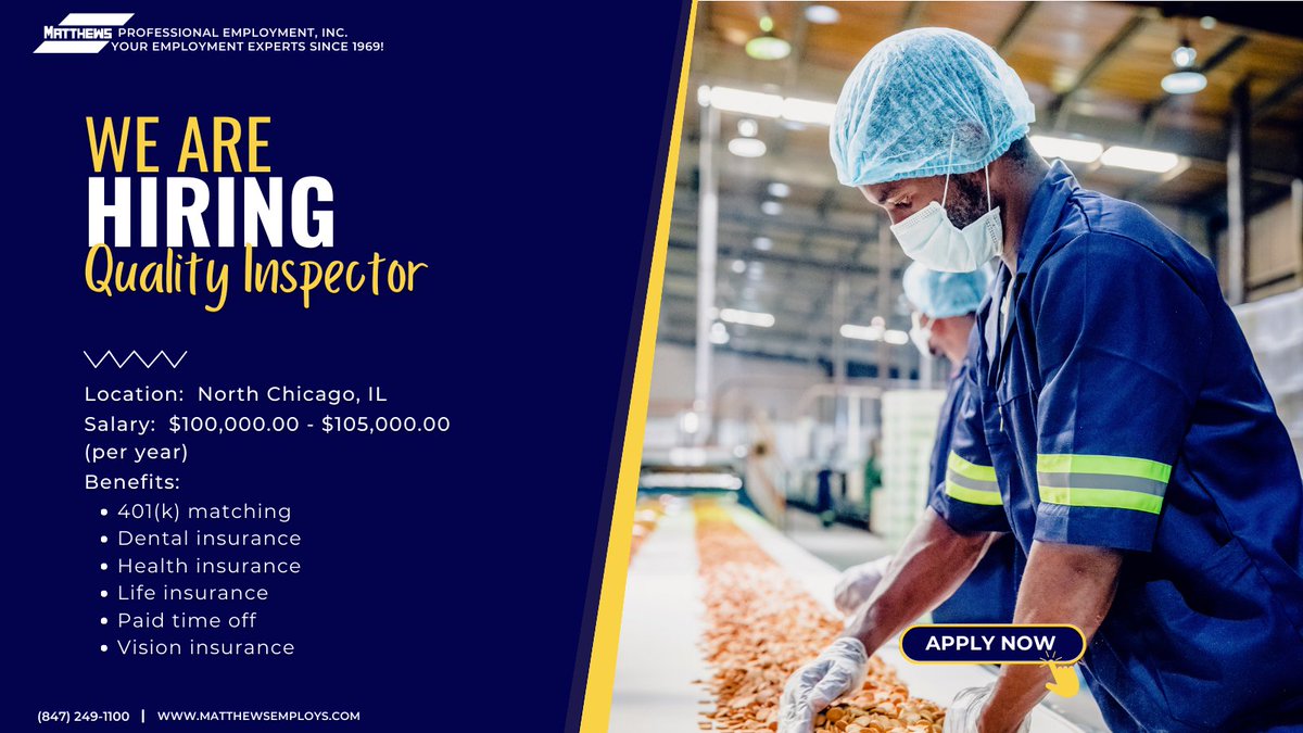 MatthewsEmploys's tweet image. A #manufacturing company in #NorthChicago, IL is looking for a #Quality #Manager to join their team. This is a DIRECT HIRE opportunity!

Apply here: ow.ly/wAux50PyRmC
Or submit your resume to: SMartinez@MPE.Biz   

#JobsAtMatthews #Jobs #JobAlert #ManufacturingJob