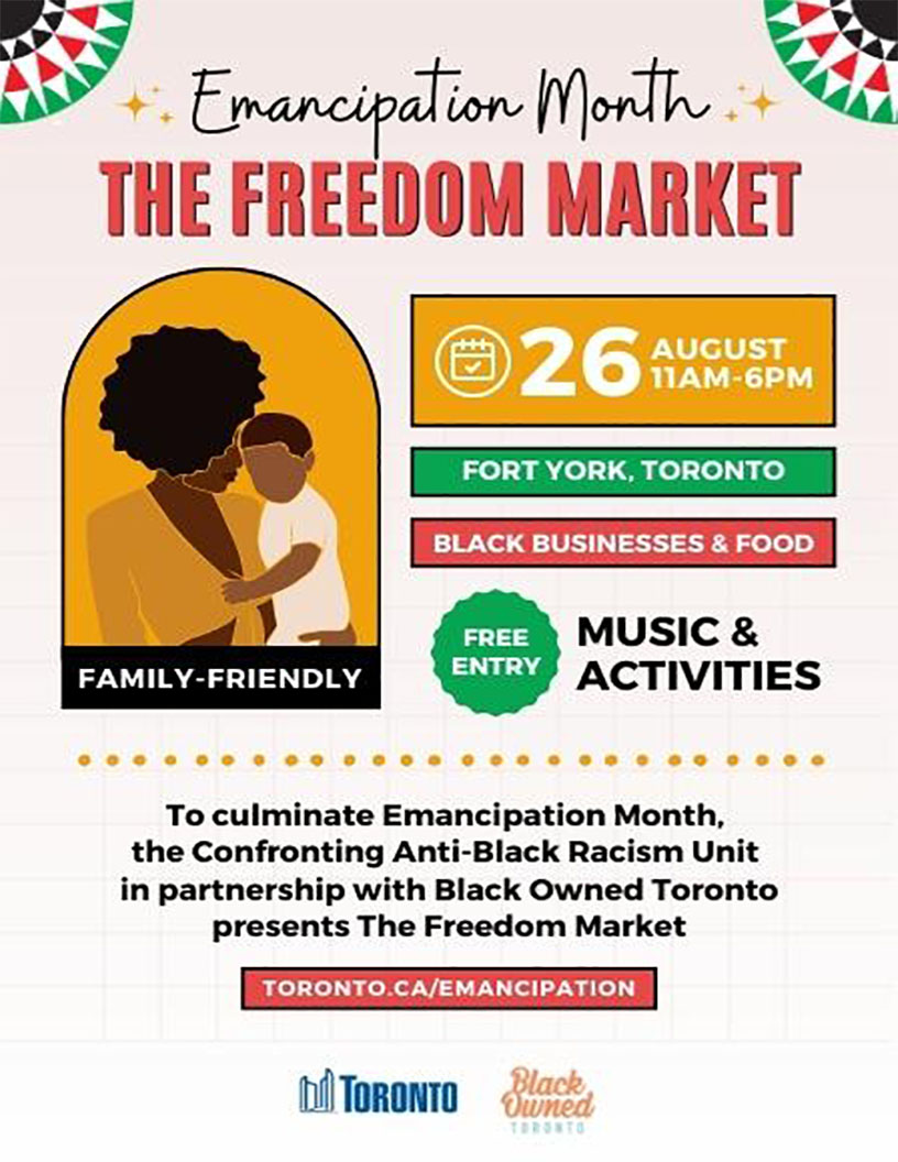 On Aug. 26, come celebrate #EmancipationMonth at the "Freedom Market", a pop-up market feat. 30+ Black-owned vendors, music, and family-friendly entertainment!
Aug. 26, 11am - 6pm. 

Fort York Historic Site, 250 Fort York Blvd. <a href="/TOHistory/">Toronto History Museums</a> 

Free tickets: ow.ly/OLK850PyJs2
