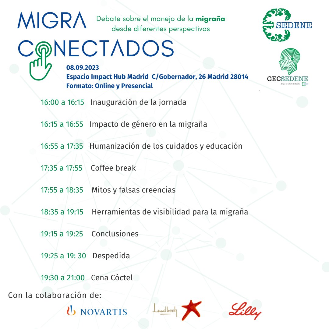 Tania NeuroNurse (@taniaheba) on Twitter photo Os esperamos en la jornada #MigraConectados en Madrid.
🗓8 sept.
Con grandes referentes en el tema;
<a href="/bflasquetty/">Blanca Fdz-Lasquetty</a> en humanización, <a href="/carloscomsalud/">Carlos Mateos, consultor de comunicación en salud</a> en falsas creencias, <a href="/DrJesusPorta/">Jesús Porta-Etessam</a>, @Lali_GinCi, <a href="/PaaaHeredia/">Patricia Heredia</a> en neurología... y muchos más!
Os esperamos⬇️
sedene.com/2023/07/30/jor… Os esperamos en la jornada #MigraConectados en Madrid.
🗓8 sept.
Con grandes referentes en el tema;
<a href="/bflasquetty/">Blanca Fdz-Lasquetty</a> en humanización, <a href="/carloscomsalud/">Carlos Mateos, consultor de comunicación en salud</a> en falsas creencias, <a href="/DrJesusPorta/">Jesús Porta-Etessam</a>, @Lali_GinCi, <a href="/PaaaHeredia/">Patricia Heredia</a> en neurología... y muchos más!
Os esperamos⬇️
sedene.com/2023/07/30/jor…