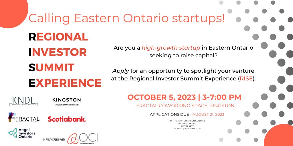 Applications are open for RISE, an opportunity for Eastern Ontario startups to pitch their venture to investors. 

Make sure to apply by August 21st for this event put on by KNDL, Fractal, <a href="/InvestKingston/">Invest Kingston</a>, <a href="/OntarioAngels/">Angel Investors Ontario</a>, in partnership with OCI. 

app.dealum.com/#/company/appl…