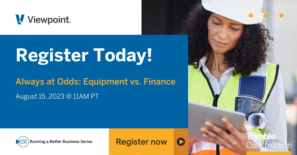 Today is your last chance to join Trimble Viewpoint and Hilti on August 15th at 11:00 AM PT for a webinar on tool management! 

Learn from experts as they show you how to track your tools and equipment and allocate costs and utilization back to the job. 
 bit.ly/3rQ16F6