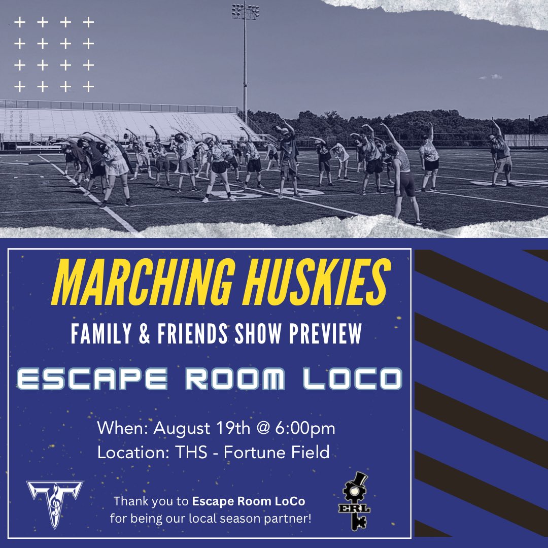 Need plans for Saturday August 19th? Come out and see the Marching Huskies preview their show “Escape Room LoCo” at 6pm on Fortune Field. 🎵

Thank you to Escape Room LoCo for being our local season partner!
