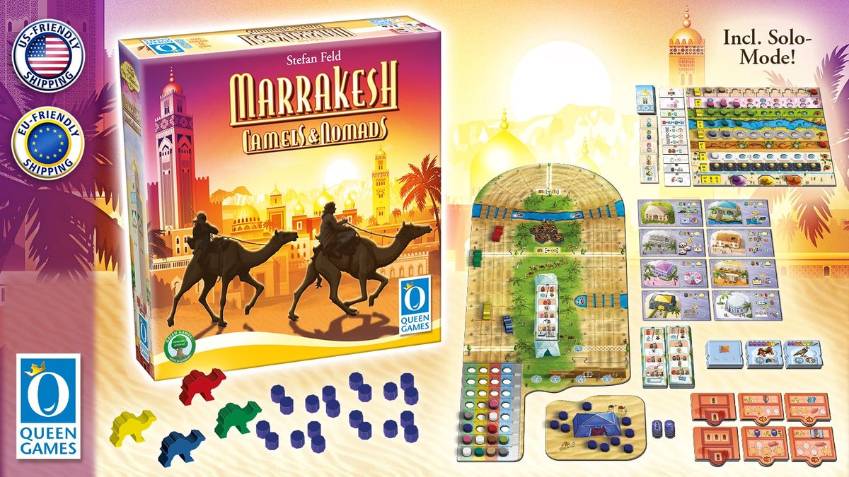 🚀 New from Stefan Feld: 'Marrakesh' gets an expansion! 🐫 Dive into Camels & Nomads, adding fresh twists. Choose from camels, nomads, oases & more. PLUS: The awaited Solo Mode! 🎲 Fans, watch out: Upgrade options incoming! kickstarter.queen-games.com