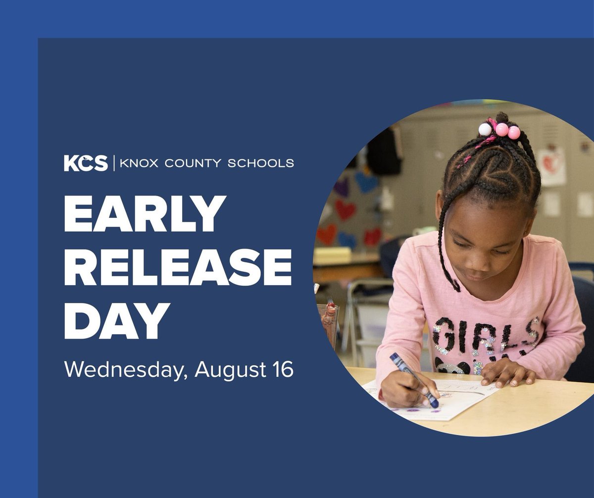 KnoxSchools's tweet photo. Don’t forget that this year’s first Early Release Day will be tomorrow, Aug. 16! Dismissal times will be 11:15 a.m. for Pre-K, 12:30 p.m. for grades K-5, and 1:30 p.m. for grades 6-12. Learn more about Early Release Days at https://t.co/0emM2lADAl. https://t.co/pJhxQfBK4Y
