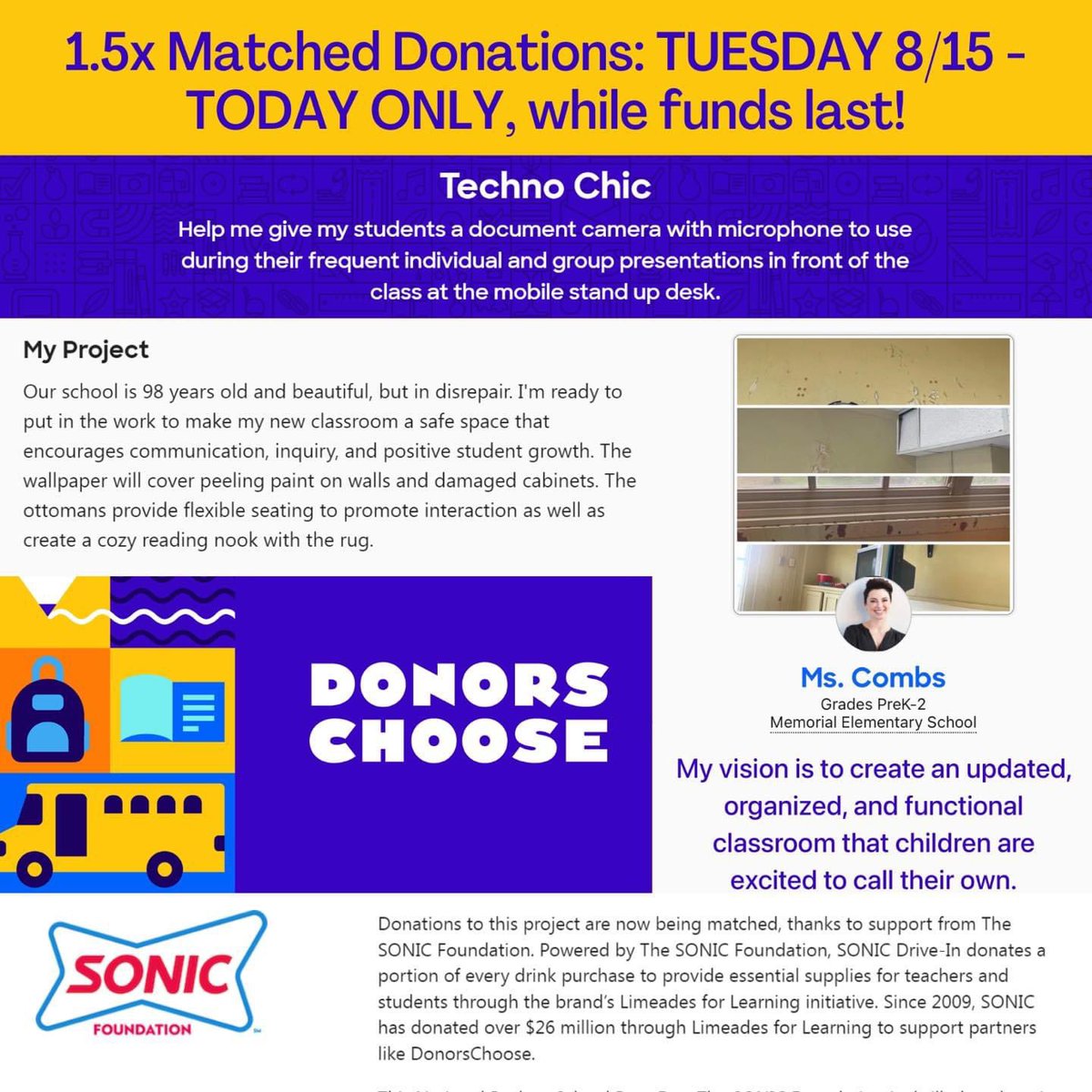🚨 Ms. Combs, @MemorialElm’s amazing 2nd Grade teacher, has a @donorschoose project! TODAY ONLY - Tuesday, August 15th - this project receives a 50% match by the @sonicdrivein Foundation! Please donate or share the word. Thank you for your support! donorschoose.org/project/techno…