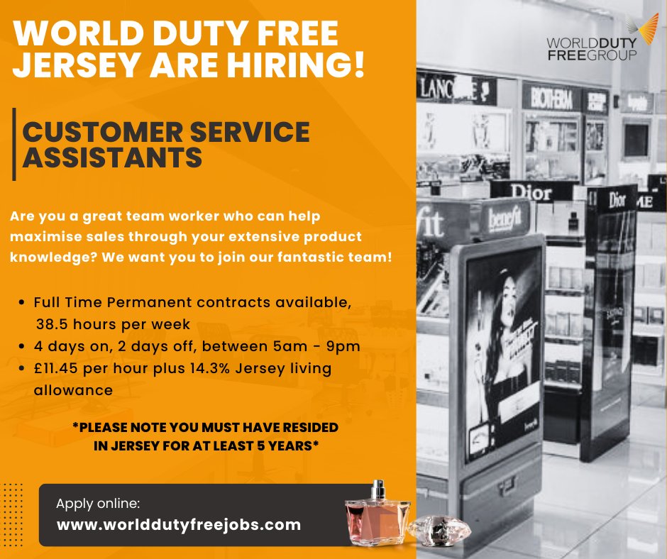 WDFJobs's tweet photo. 📢 World Duty Free Jersey are recruiting for Customer Service Assistants! Apply now on our careers site and join our amazing team! 🌟 #worlddutyfree #worlddutyfreejobs #airportjobs #jerseyjobs #jerseyairport #jerseyairportjobs https://t.co/eEs0Q1wIfr
