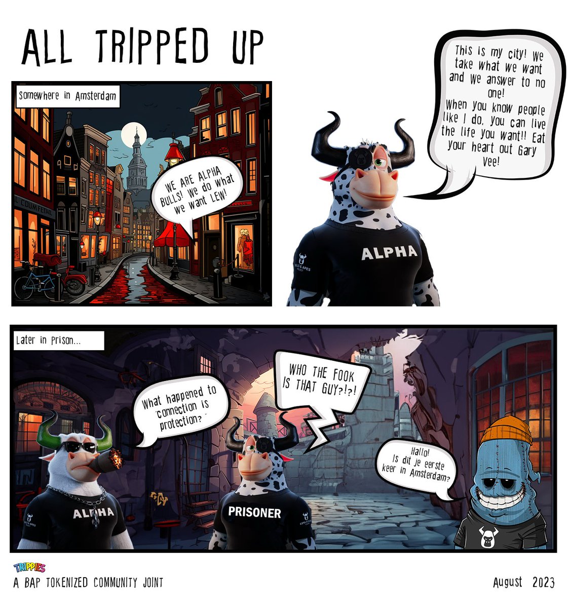 trippies's tweet photo. All Tripped Up #2: Our friends, The Alpha Bulls, go international! 

🌴Follow @Trippies and visit us on the island at https://t.co/SrEgRm45fS 

🐄We are part of the @BullsApesProj  tokenized communities that are building, supporting and creating the next steps for web3.

🐂Check out the Alpha Bulls Show team and follow @Lew_Langer @cryptosheep_eth @AusSniperNFT