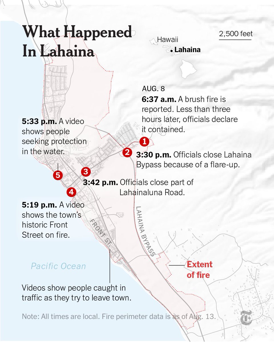 nytimes's tweet photo. Interviews and videos show how a deadly blaze spread through Lahaina, Hawaii, in just a few hours.

As the wildfire overran the historic coastal town, many residents fled for their lives — but there was nowhere to go. https://t.co/kX6BfH0wXP https://t.co/4zx8B1EJxc