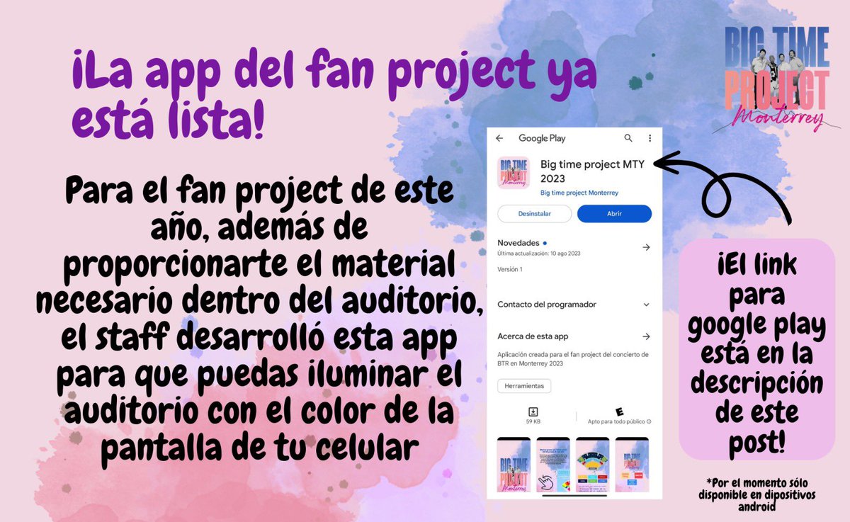 btproject_mty's tweet photo. ¡Hola!

Este año, el staff de Big Time Project Monterrey, desarrolló esta aplicación para iluminar el auditorio de diferentes colores durante 3 canciones en el concierto. Por el momento la aplicación sólo está disponible en Play Store. https://t.co/328QILctIN