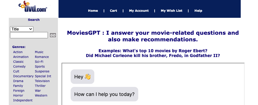 Introducing MoviesGPT  (beta).  Ask me anything about movies.   cafedvd.com/gpt.html #gpt #movies