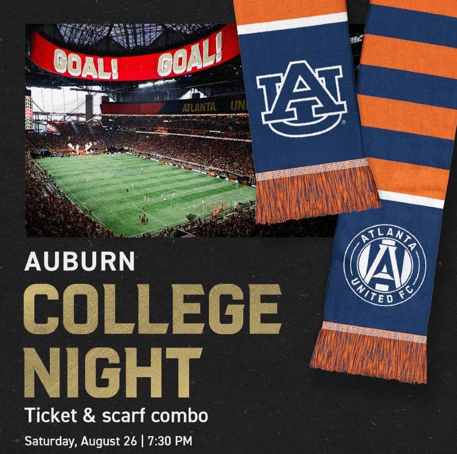 Hey Auburn Family! @ATLUTD wants you to join them at the Mercedes-Benz Stadium on Saturday, August 26 as they take on @NashvilleSC. Use code AUBURNU and receive a limited edition Auburn x Atlanta United scarf! fevo.me/auburnnight23 #wareagle #atlutd