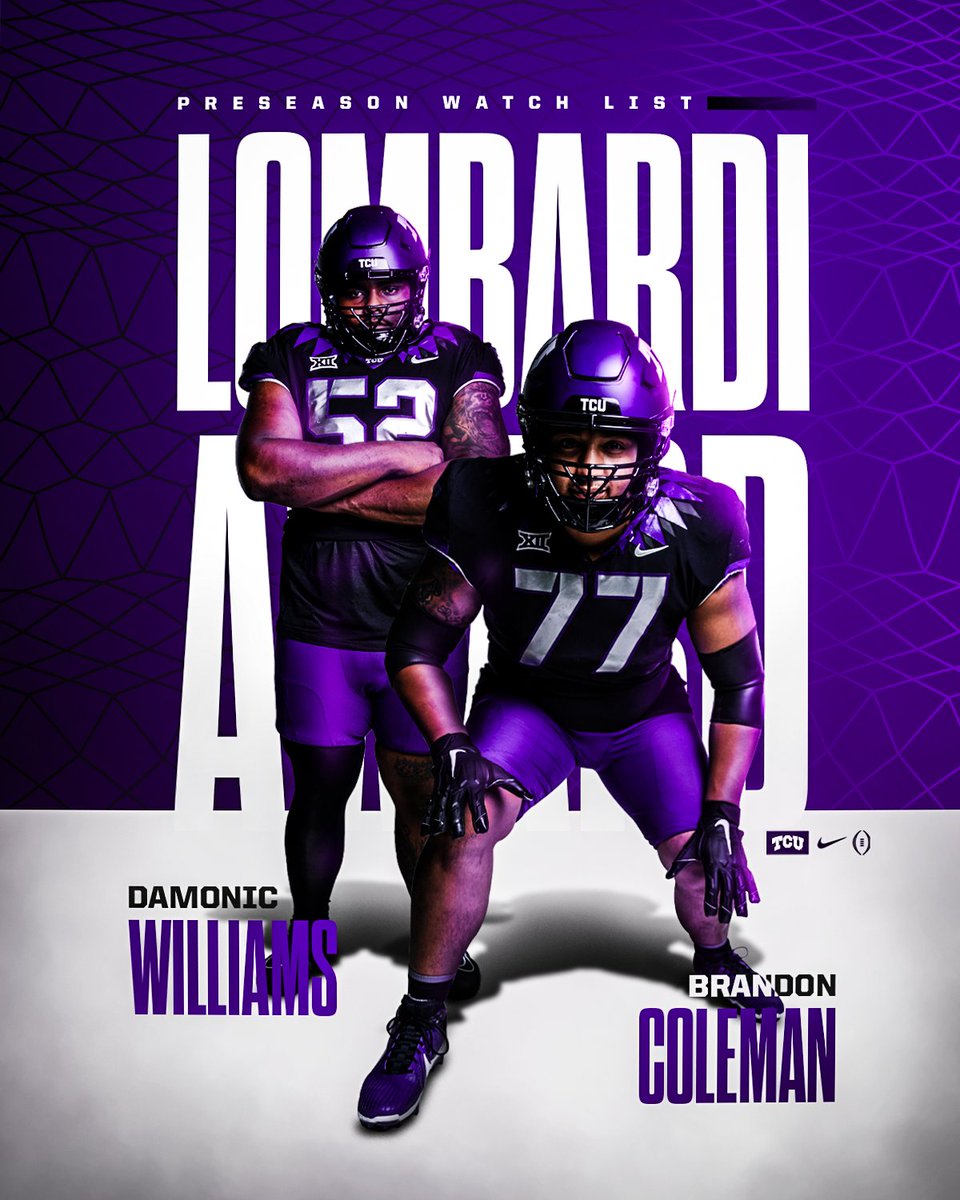 Frogs on watch 👀 @DamonicWilliams and @b_coleman77 named to the @LombardiAward Preseason Watch List! 🐸 #GoFrogs | #AllSteakNoSizzle