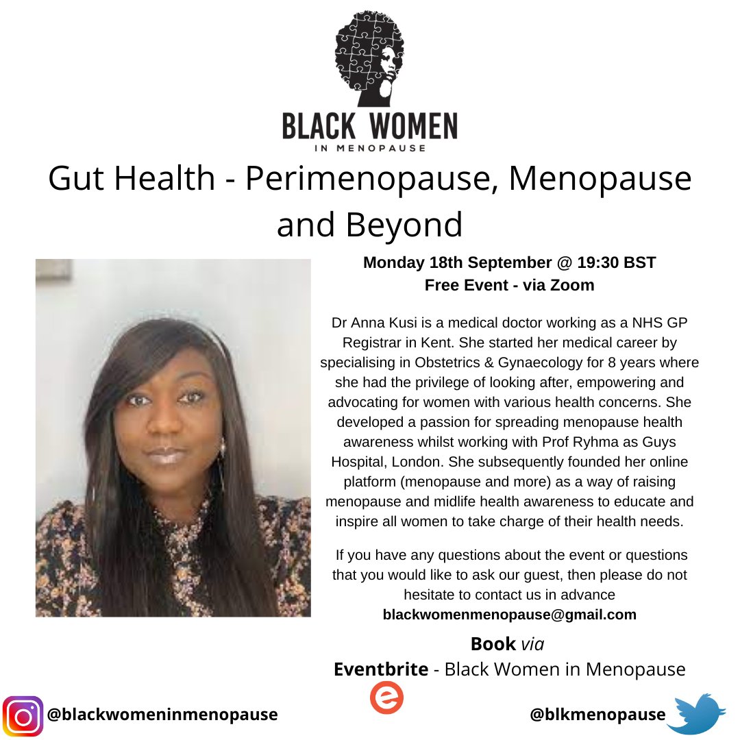 BLKMenopause's tweet photo. Next Free event - Black Women in #perimenopause #menopause

The Importance of Gut Health in Perimenopause, Menopause and Beyond

When: Monday 18th September @ 19:30 BST

Where: Online - via Zoom

Booking via Eventbrite - follow ▶️ the link.tree in bio https://t.co/RaYPj5xA7j