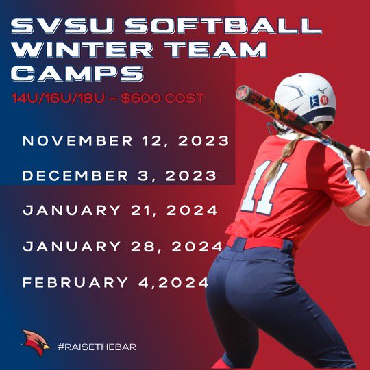‼️Team Camps‼️ Come out this winter and see our state of the art field house and spend the day with the SVSU softball team and coaching staff in a day of instruction and games! Click the link below to register⬇️ svsusoftballcamps.totalcamps.com/shop/EVENT
