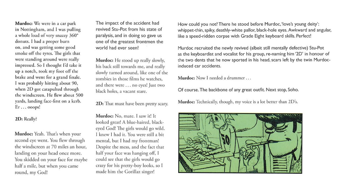 gorillaz's tweet image. So, it was while Stu was working as a Saturday boy at Uncle Norm's Organ Emporium that his and Murdoc's worlds collided, top speed, in a very real way…

Happy D-Day 💥