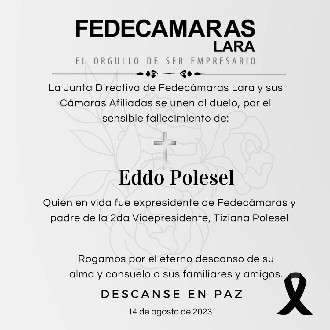 Despedimos a Don Eddo Polesel. Hombre insigne que dejó su huella en los gremios, siendo Presidente de Canidra, Consecomercio y Fedecámaras. Un faro en los valores y principios de lo que debe ser la labor empresarial. 

Nuestras condolencias a sus hijos Tiziana, Barbara y Marcos