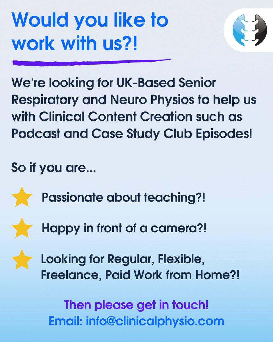 clinicalphysio's tweet photo. WE ARE LOOKING!!! 🤩

⭐️ Senior UK Based Physios in Resp and/or Neuro!
⭐️ Happy in Front of a Camera!
⭐️ Passionate about teaching!
⭐️ Looking for some additional, flexible, freelance income!
⭐️ Please send us an Email if you are interested!
➡️ info@clinicalphysio.com https://t.co/2G20XjA6XO
