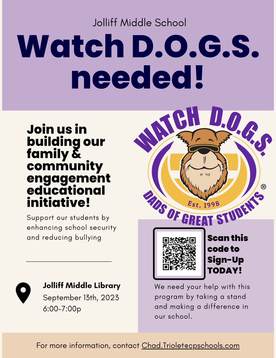 JolliffMiddle's tweet photo. Calling all π’ Jaguar dads, step-fathers, grandads, guardians, cousins, & brothersβ¦ we invite to come join one AMAZING opportunity to be a positive role model at JMS! π Sign up today and see you in September!! #dadsofgreatstudents #watchDOGS #inspireCPS https://t.co/1SWrUZ2q2J