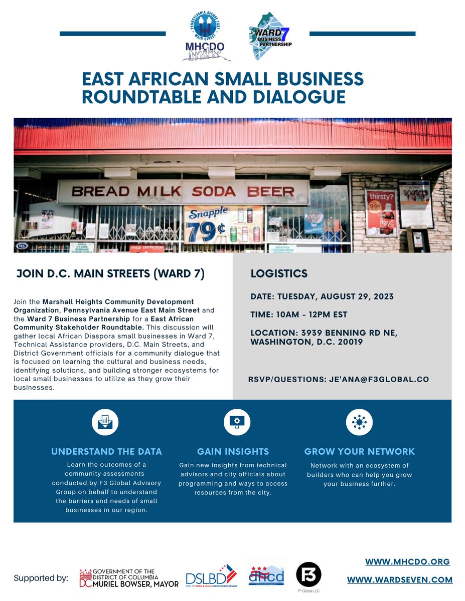 Invitation to join DC Main Streets (Ward 7) for the East African Small Business Technical Assistance Program.   August 29th from 10-12pm. <a href="/PAEMSDC/">Pennsylvania Avenue East Main Street</a> <a href="/MHCDO/">Marshall Heights Community Development Org.</a> #ward7community