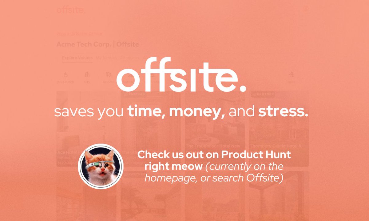 Jared Kleinert (@jaredkleinert) on Twitter photo Grateful to announce <a href="/Offsite/">offsite.com</a>'s latest product today, essentially "Airbnb for Team Retreats"
You can check it out at offsite . com
OR...
Check us out on <a href="/ProductHunt/">Product Hunt 😸</a>! 😻
What is Offsite and what's the backstory behind today's #producthunt launch?
Well, lemme tell ya... Grateful to announce <a href="/Offsite/">offsite.com</a>'s latest product today, essentially "Airbnb for Team Retreats"
You can check it out at offsite . com
OR...
Check us out on <a href="/ProductHunt/">Product Hunt 😸</a>! 😻
What is Offsite and what's the backstory behind today's #producthunt launch?
Well, lemme tell ya...
