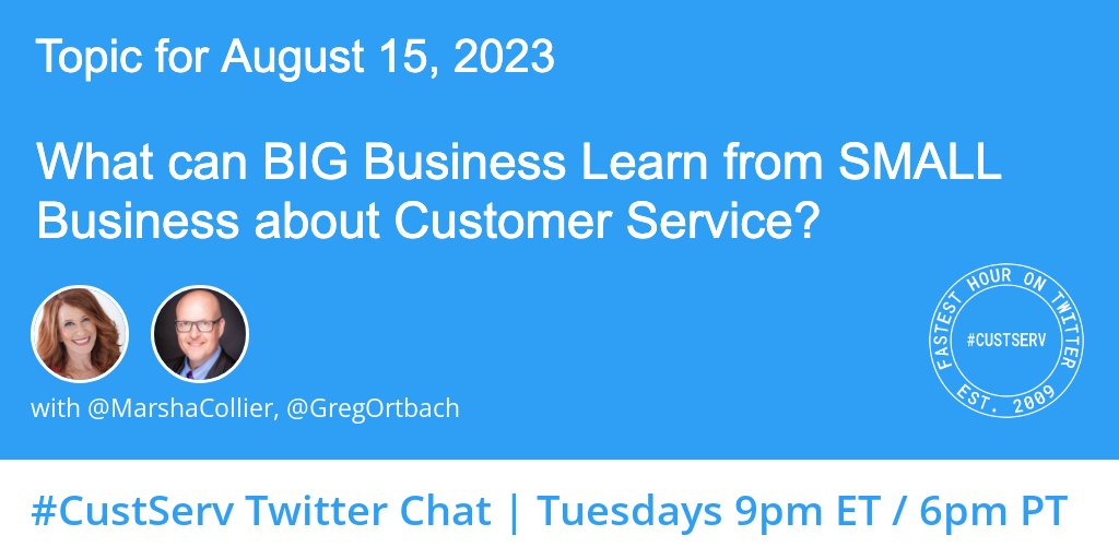 #B2B #B2C 🗨️ This chat's for YOU

🤔 “What can BIG Business Learn from SMALL Business about Customer Service?”

Discover The FASTEST hour on Twitter/X:
Our 14th Year of #Custserv chat
TONIGHT 9pm ET/6pm PT

#cx #customerservice #customerexperience
w/ me &amp; <a href="/GregOrtbach/">Greg Ortbach</a>