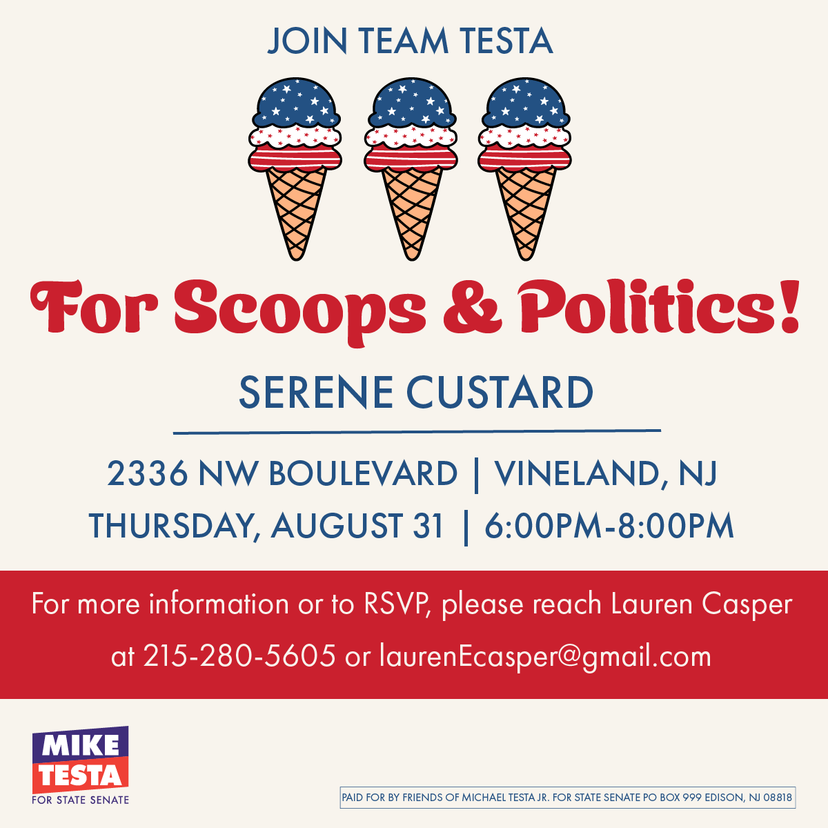 TestaForNJ's tweet image. Have you sent your RSVP to join #TeamTesta at Serene Custard for Scoops &amp;amp; Politics? Come hang out on Thursday, August 31 from 6:00 - 8:00PM! 🍦🍦🍦
secure.anedot.com/contribute-tes…