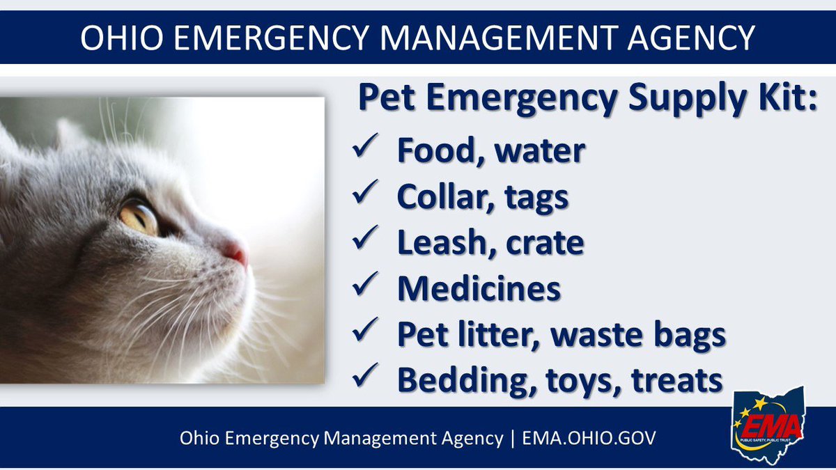 Ohio_EMA's tweet image. When preparing yourself for unexpected, severe weather, don’t forget to plan for your furry friends! Be sure to gather necessities for your pet and make back-up plans with friends or family in case of emergency.