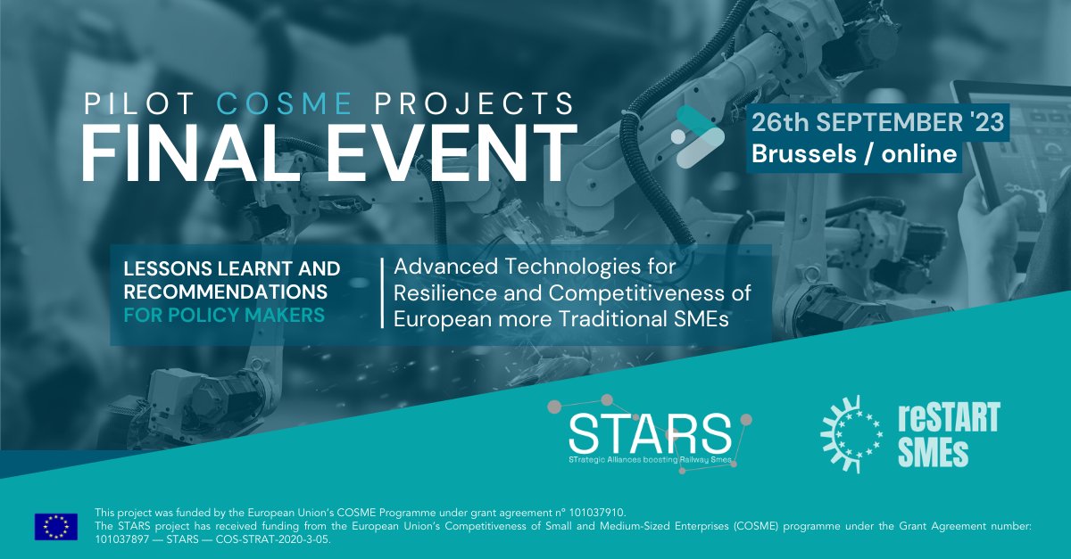 STARS project EU (@stars4rail) on Twitter photo 🚀 Calling all European SMEs! Boost your resilience & competitiveness with #AdvancedTechnologies! Join us for the final event of 'STARS' & 'ReStartSMEs,' funded by EISMEA. 📷Discover policy recommendations & network with industry experts. 
Register now! rb.gy/whd2n 🚀 Calling all European SMEs! Boost your resilience & competitiveness with #AdvancedTechnologies! Join us for the final event of 'STARS' & 'ReStartSMEs,' funded by EISMEA. 📷Discover policy recommendations & network with industry experts. 
Register now! rb.gy/whd2n
