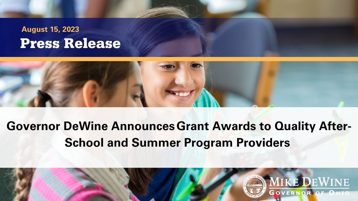 GovMikeDeWine's tweet photo. With the announcement of these grants, we are making sure children in Ohio have the resources they need that will help them achieve academic excellence through after-school and summer programming. More: https://t.co/hb92U029WH https://t.co/ja5ZicDTgx