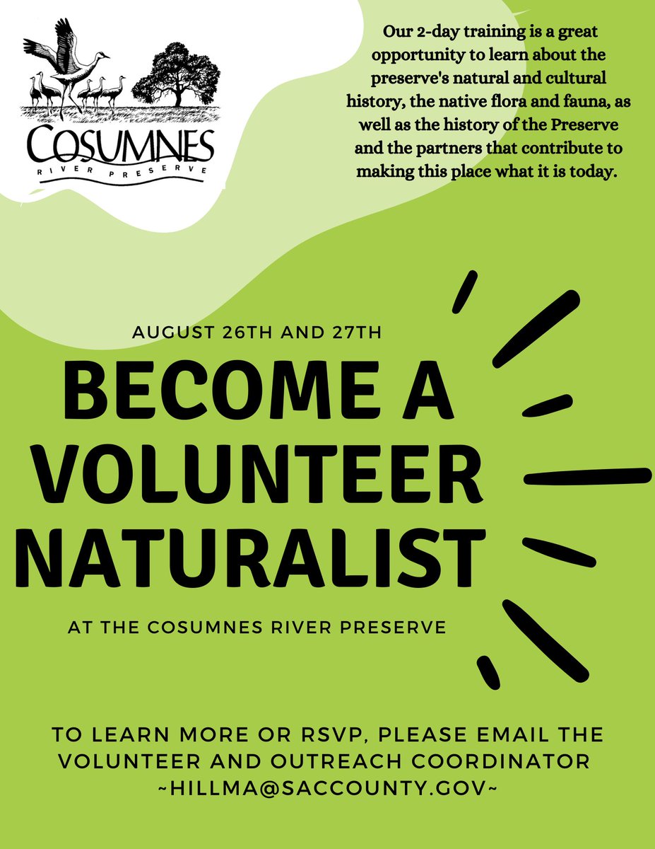 CosumnesRiverP's tweet photo. On August 26th and 27th, the Cosumnes River Preserve will be hosting a 2-day volunteer naturalist training. If you or anyone you know might be interested in attending, please contact the volunteer coordinator as soon as possible. 
Info below: 
Phone: 916-684-2816 https://t.co/NcvIpkp4fi