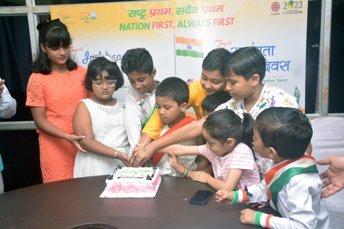 SilcharDO_IOCL's tweet photo. On the eve of 77th Independence day,  cake cutting by kids, flag hoisting and other cultural events were organised at Silchar DO. @IndianOilcl @IOCL_Assam @HarGharTirangaa https://t.co/ACOHAxZ399