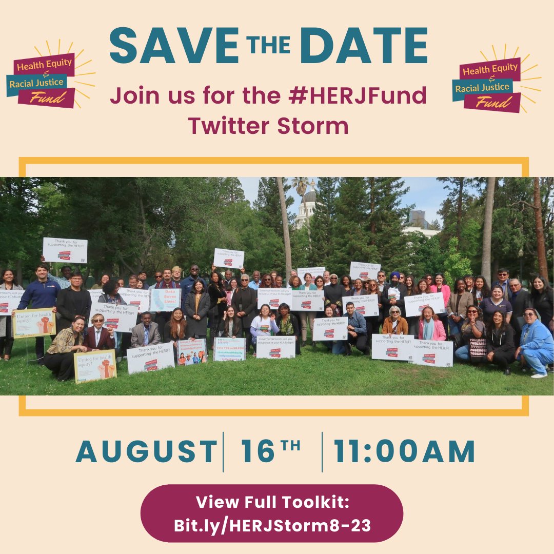 1/Join Us for Tomorrow’s #HERJStorm! The fate of the #HealthEquity & #RacialJustice Fund hangs in the balance! Let’s convince #CALeg & @CAGovernor to stand with & up for communities by establishing the #HERJFund this year! Use Our #TwitterStorm Toolkit: bit.ly/HERJStorm8-23