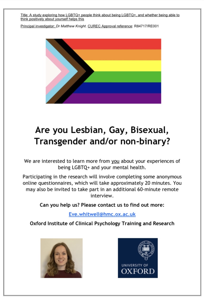 Eve Whitwell (@eve_whitwell_ox) on Twitter photo 📢Can you help us?📢 We are running a short online study aiming to improve mental health interventions for LGBTQ+ people. We are currently hoping to hear the voices of more trans people who are heterosexual. For more information follow this link: psychiatryoxford.qualtrics.com/jfe/form/SV_0c…
🏳️⚧️🏳️🌈 📢Can you help us?📢 We are running a short online study aiming to improve mental health interventions for LGBTQ+ people. We are currently hoping to hear the voices of more trans people who are heterosexual. For more information follow this link: psychiatryoxford.qualtrics.com/jfe/form/SV_0c…
🏳️⚧️🏳️🌈