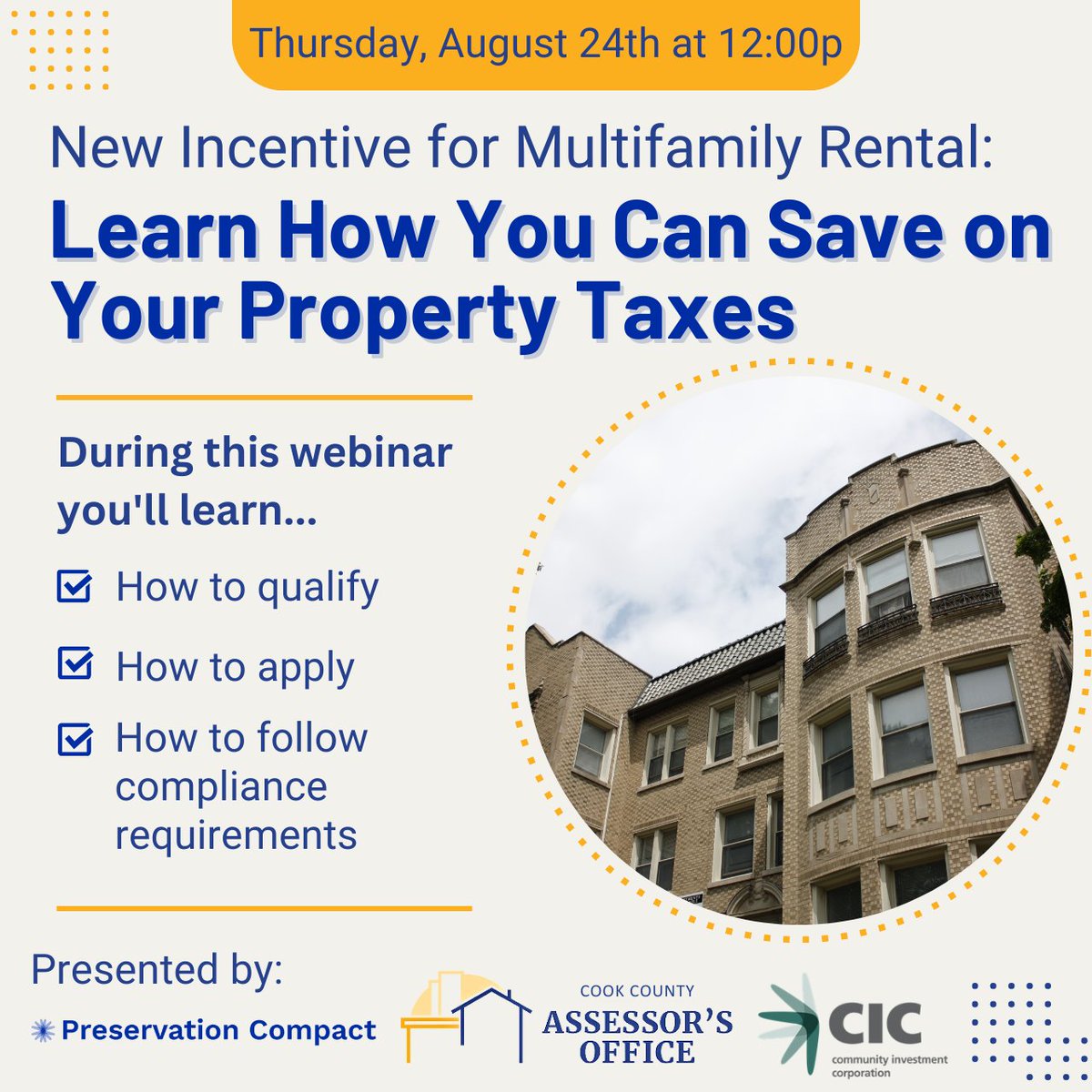 Join the us, @cicchicago and the @AssessorCook for a webinar all about the new multifamily property tax incentive on Thursday, August 24th at 12:00p! You'll learn how to qualify, how to apply, and how to comply with the requirements of the program! cicchicago.zoom.us/webinar/regist…