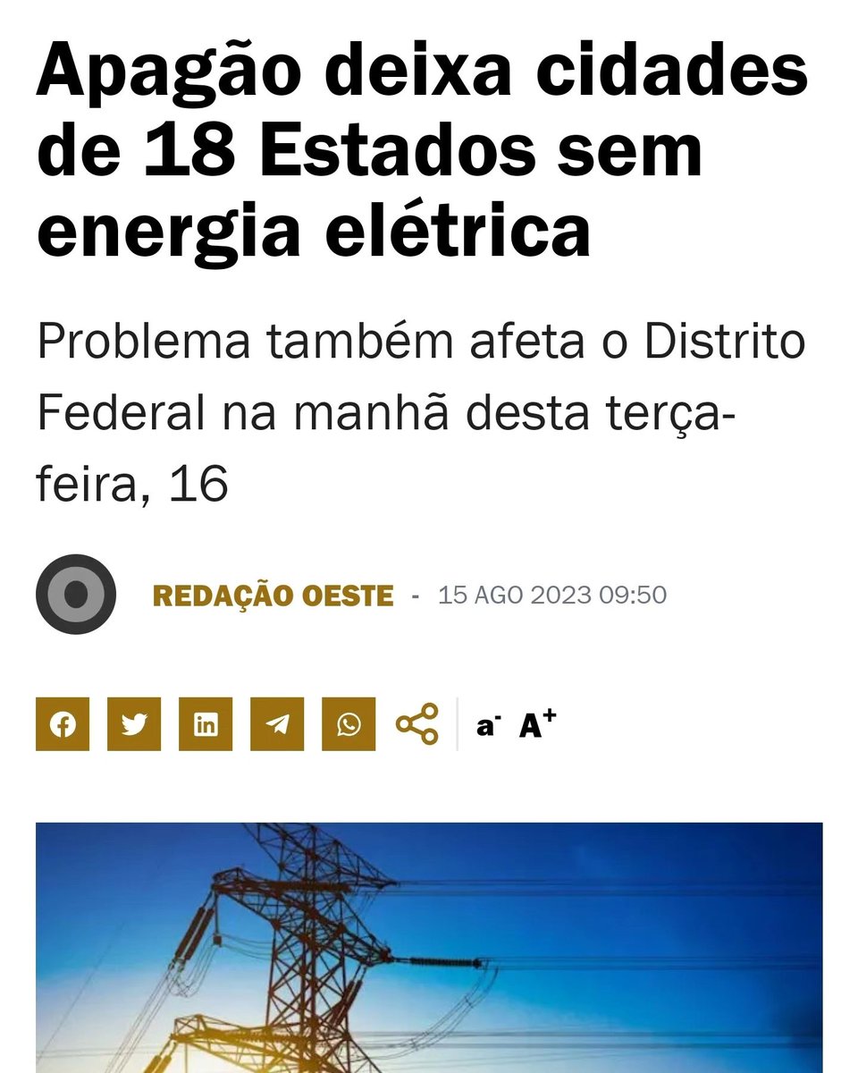 Nossa! Que fase Brasil. Só noticia boa em! Apagão em cidades de 18 Estados. Gasolina aumentando em 0,41 E a bolsa batendo recorde negativo. Mas com amor tudo resolve né?