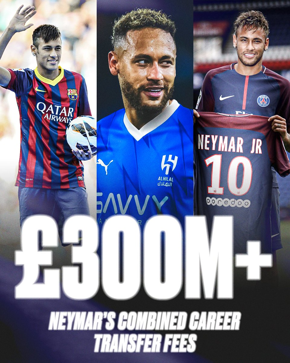 ESPNFC's tweet photo. Neymar is the first player in football history to be transferred for more than £300m in cumulative transfer fees 💰 https://t.co/eJqo7VvnrU