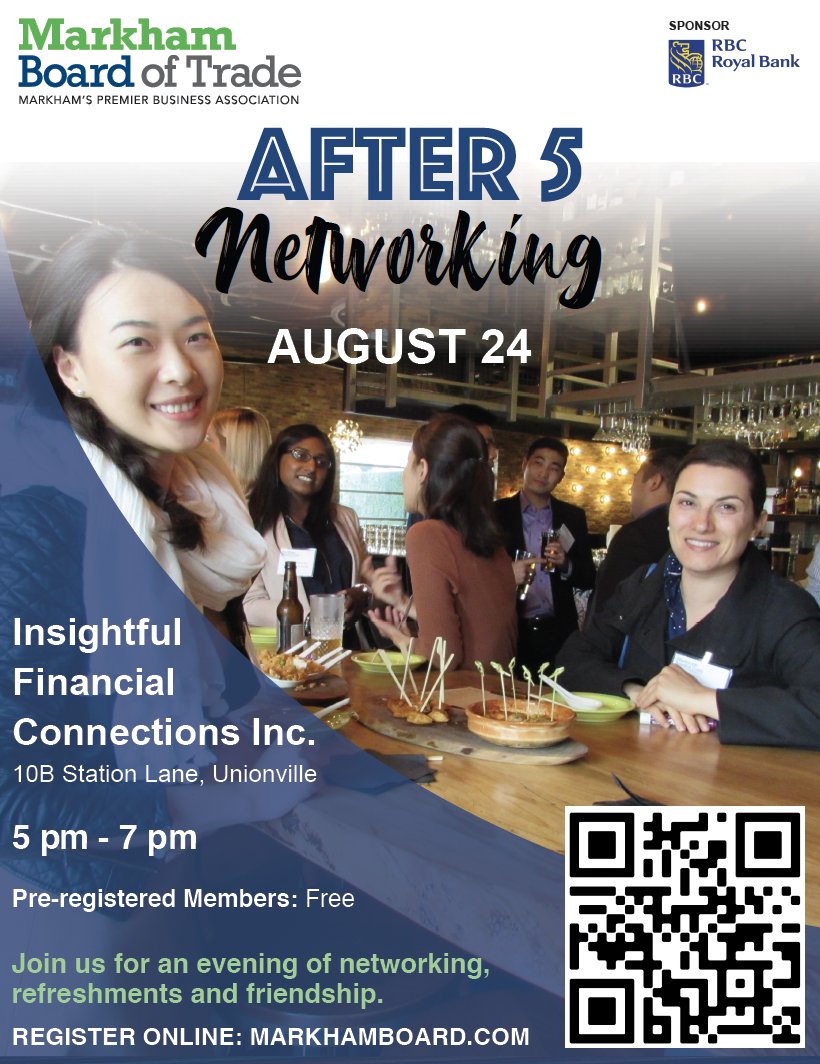 MarkhamBoard's tweet photo. Register TODAY for August After 5 Networking!
Join us on Aug 24 from 5 - 7 PM at Insightful Financial Connections Inc. and enjoy Live Music, Food, Drinks, and Networking!
Register Here ➡️ https://t.co/ji4RbW8gAr
#MarkhamEvents #Markham #NetworkingEvent #MarkhamBusiness https://t.co/KNmrf2BiyX
